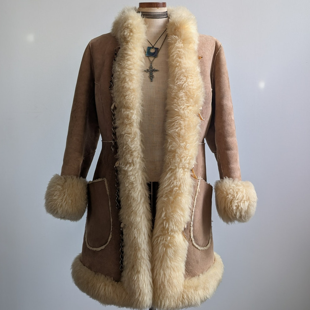 Vintage Brown Suede Fur Coat Boho Tan Leather Penny Lane Jacket Fur Trim Medium - Picture 9 of 11